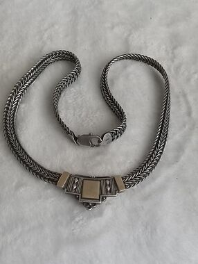 Vintage Silver-Tone Geometric Necklace with Gold Accents
